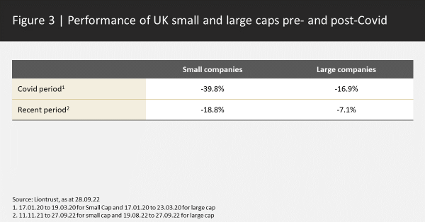 Performance of UK small and large caps pre and post Covid