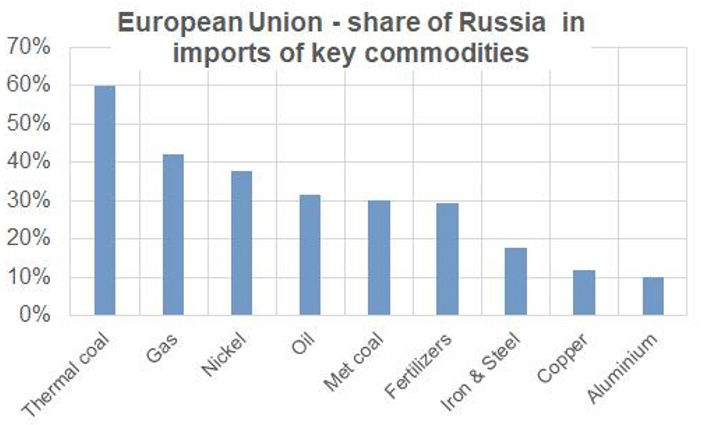 EU share of Russia in imports of key commodities